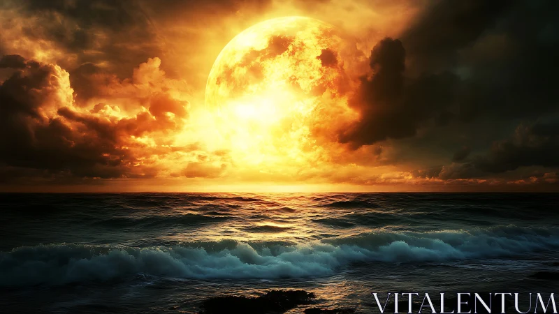 Fiery supermoon over stormy ocean horizon at golden twilight