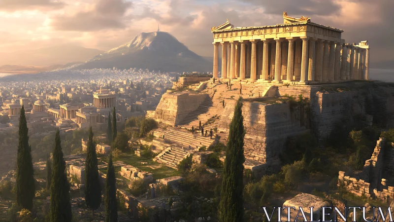 Digital view of Parthenon on Acropolis at sunset in Athens.