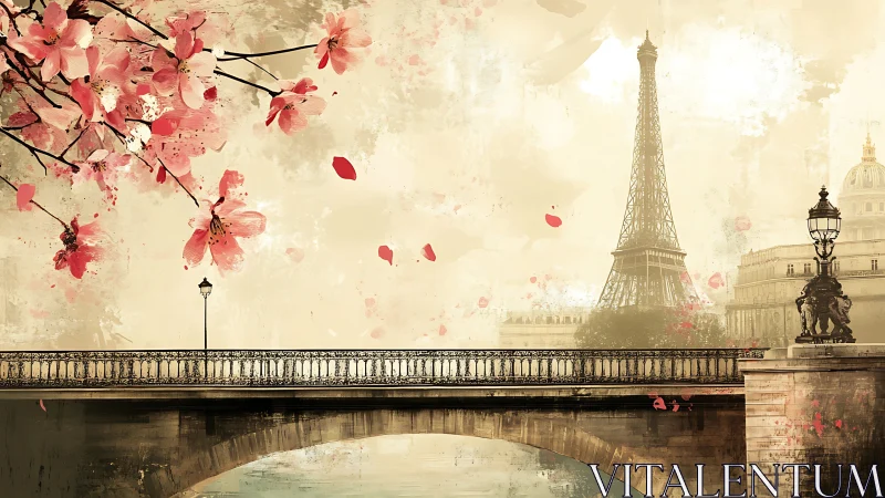 Paris bridge skyline with cherry blossoms in painterly haze.