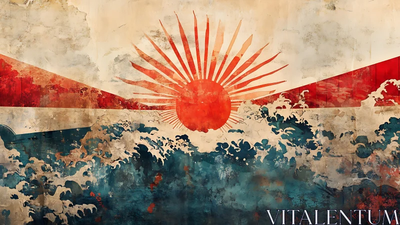 Sunrise over wild teal waves on worn vintage canvas.