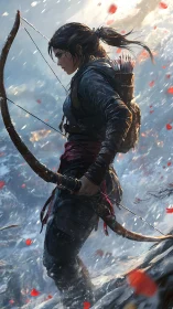 Female archer in snowy mountain storm draws bow and advances