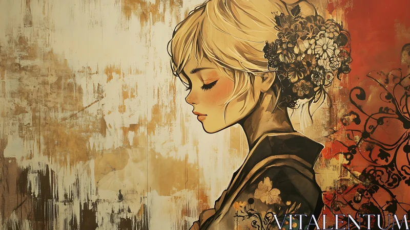 Profile portrait of floral-haired woman in textured anime style