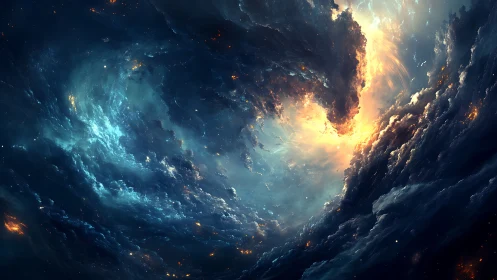 Cosmic storm vortex ignites swirling nebula with radiant fire