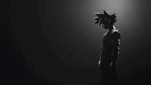 Solitary anime warrior silhouette under stark spotlight.