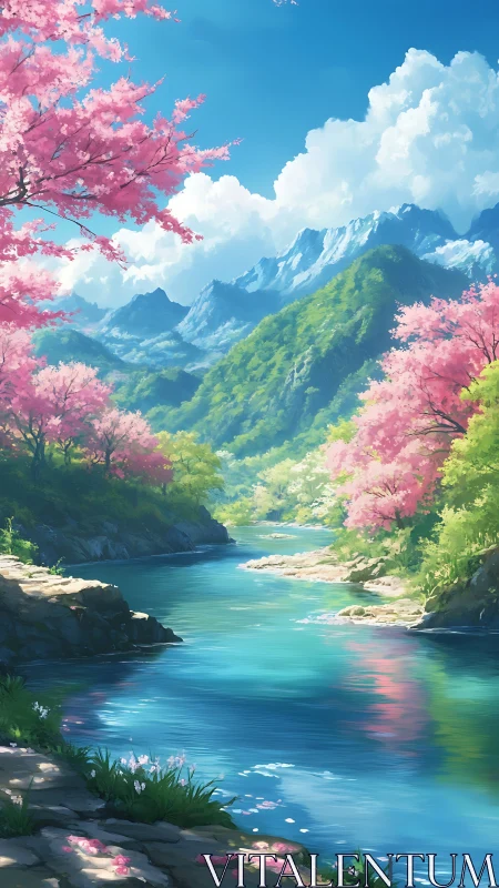 Peaceful spring river winding through bright blossom valley.