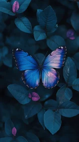 Blue morpho butterfly over teal foliage in low-key light.