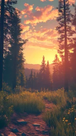 Painted Golden Hour: Forest's Fire-Lit Portal to Dusk.