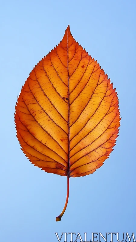Backlit autumn leaf macro against clear blue backdrop.