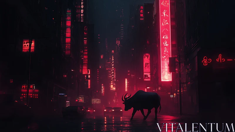Silhouette of bull crossing neon-lit street in rainy city
