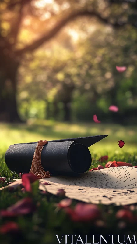Graduation cap and letter lie on grass with falling petals