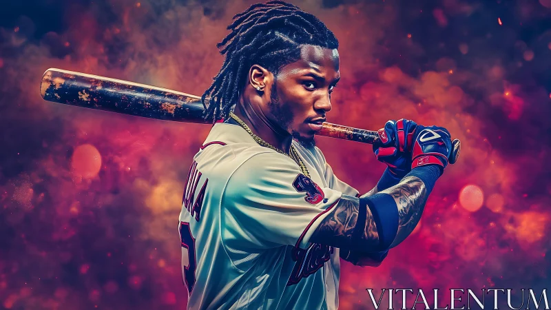 Intense baseball slugger poised in vivid neon blaze backdrop.