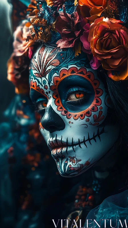 Woman in vivid sugar skull makeup with floral headpiece.