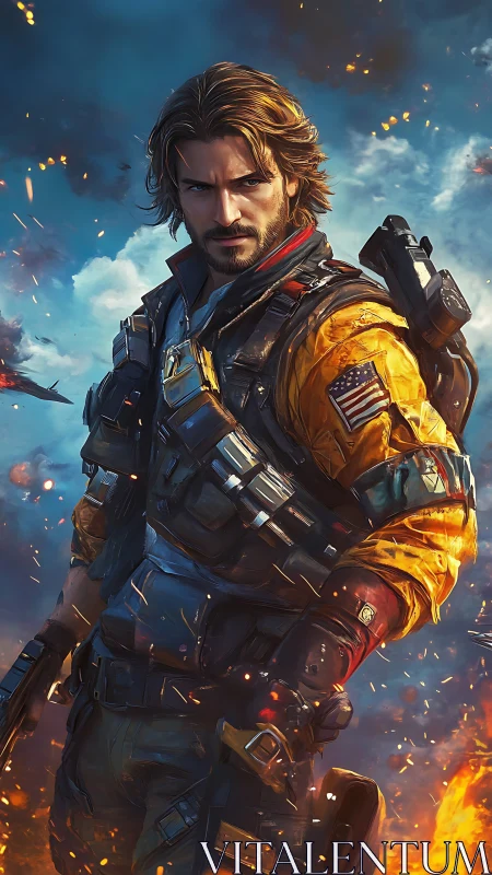 Heavily armored tactical soldier amid explosive battlefield fires