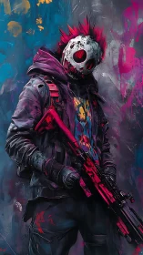 Masked neon punk sniper against abstract urban graffiti.