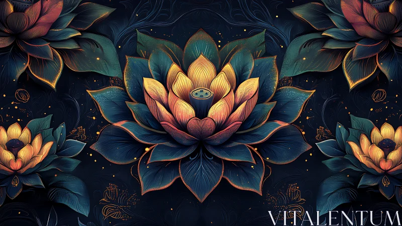 Mystical Golden Lotus Mandala Against Midnight.