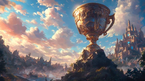 Monumental gilded trophy dominates fantasy skyline at sunrise