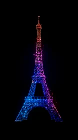 Digital wireframe Eiffel Tower structure uses neon gradients