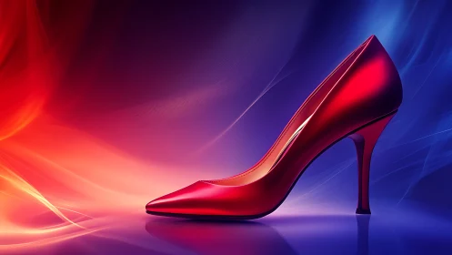 Red stiletto heel stands against vibrant gradient light