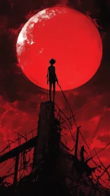 Silhouette on ruined tower under vast red moon.