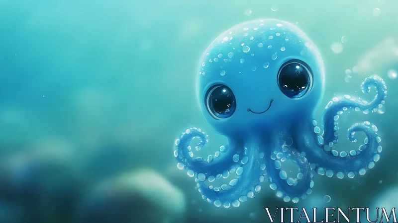 Hydrodynamic render of bioluminescent cartoon octopus avatar.