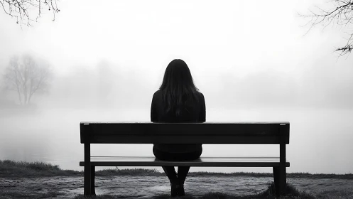 Woman on Bench Facing Misty Lake in Moody Black and White Style.