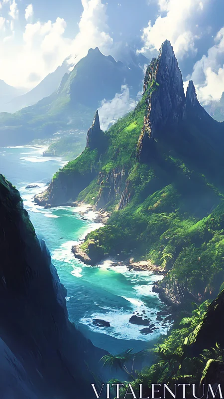 Dramatic Coastal Cliffs with Verdant Vegetation and Turquoise Waters.