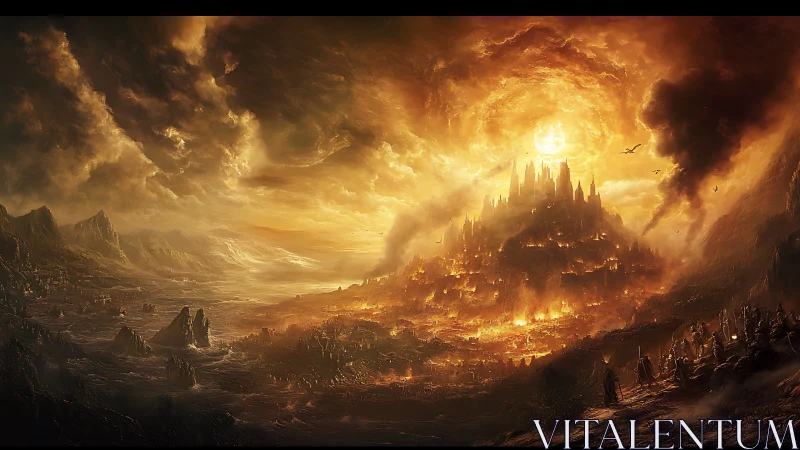 Burning fortress city under swirling fiery sky glows intensely
