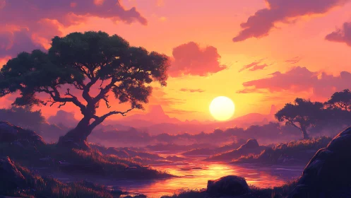 Radiant river valley at dusk beneath glowing sunset sky.