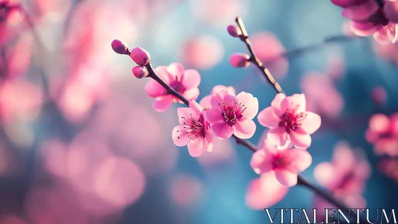 Pink Cherry Blossoms Branch with Bokeh Sky.