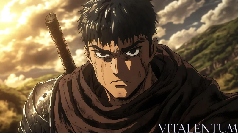 Anime warrior close-up with dramatic sunset backlighting.