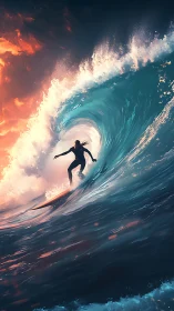 Surfer glides through glowing sunset wave with fearless joy