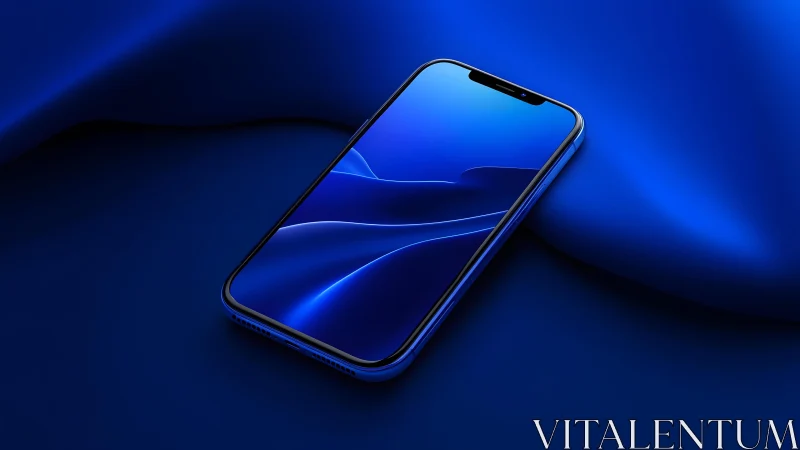 Modern smartphone with blue abstract wallpaper on soft fabric background.