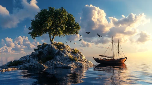 Solitary Tree on Rocky Island, Sailboat Drifting.