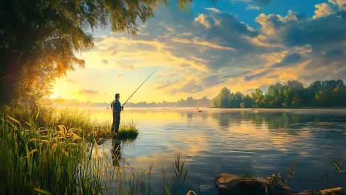 Quiet morning fisherman enjoys calm golden riverside sunrise