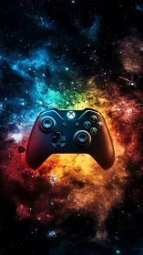 Game controller centered over colorful cosmic nebula art.