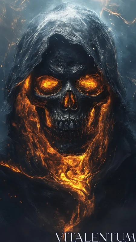 Fiery hooded skull with molten core and embers aglow.