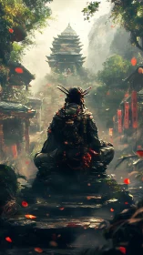 Silent warrior at crimson temple steps, breathing stormlight.