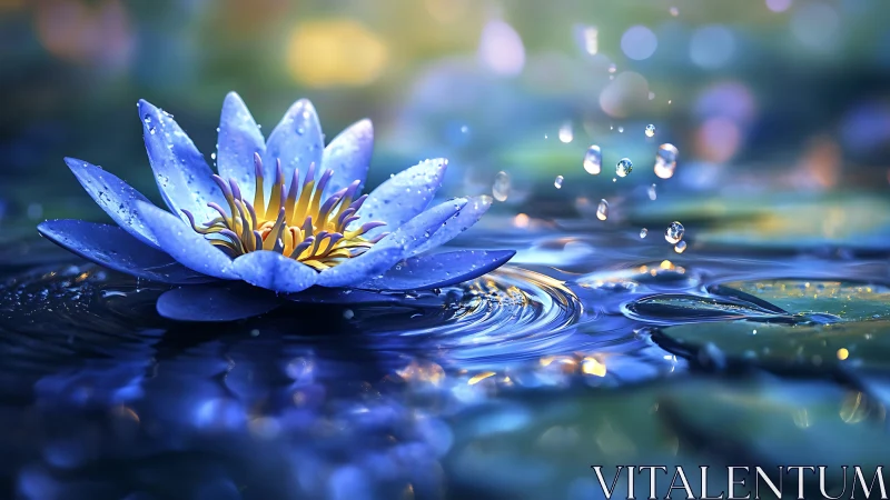 Blue waterlily glow in gentle ripples and drifting light.