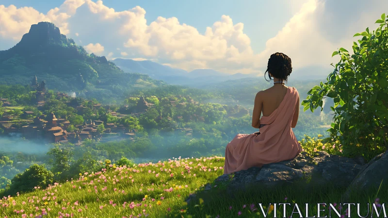 Woman in peach robe overlooks serene valley kingdom at dawn.