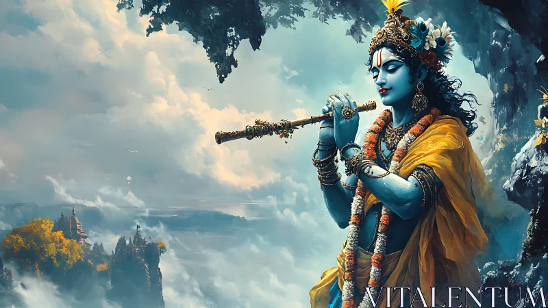 Serene blue flute player in a dreamy misty skyscape.