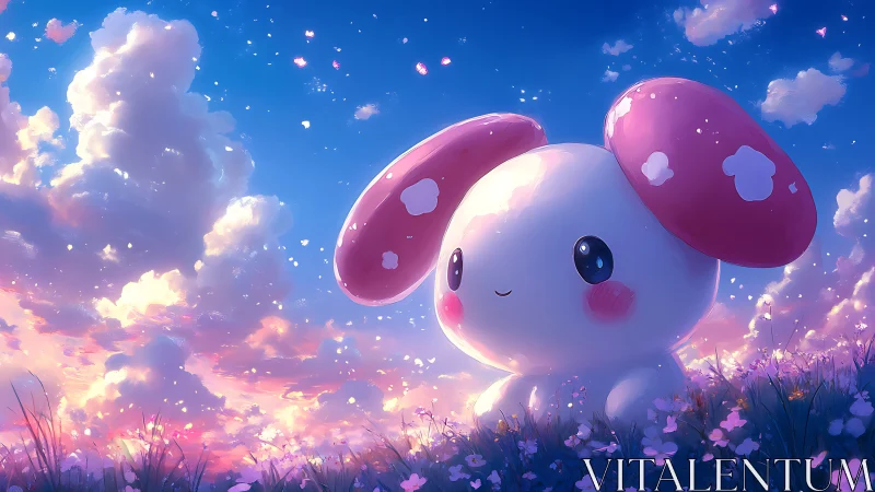 Dreamy bunny creature beneath glowing pastel sunset sky.