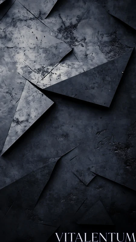 Layered dark geometric slabs form a textured abstract surface