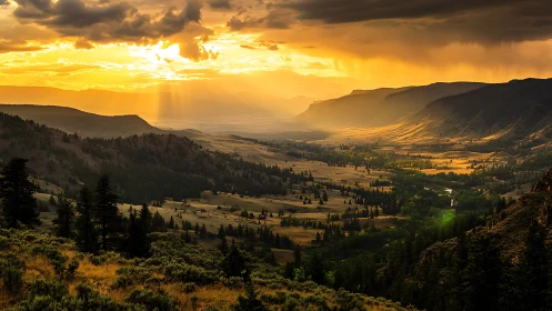 Golden stormlight pours over a wild twilight valleyscape.