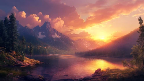 Sunset light floods a tranquil alpine lake and misty peaks