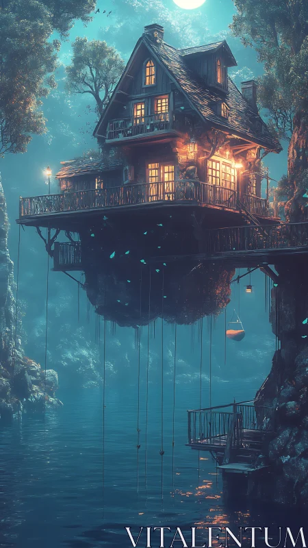 Moonlit floating cottage glows above a tranquil mystic lake