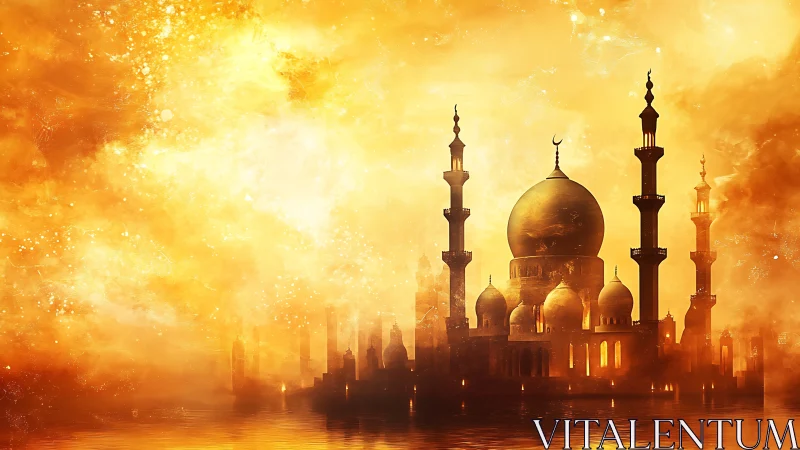 Golden celestial mosque skyline in radiant digital painting.