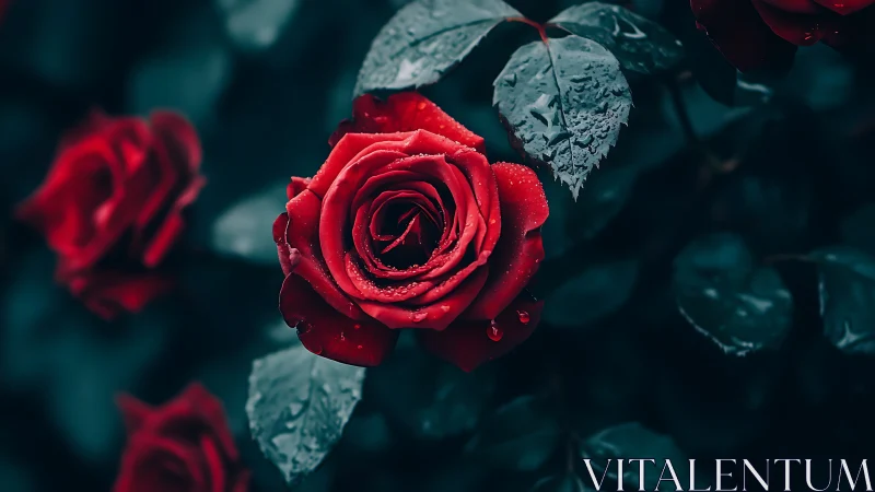 Red Roses with Frost-Covered Leaves in Teal Setting.
