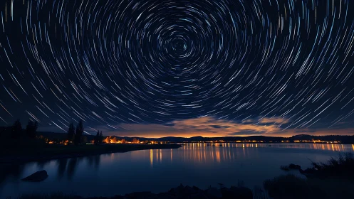 Spiraling star trails above hushed lakeside ember towns.