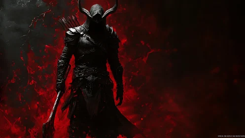 Shadowed dark knight strides through swirling crimson fire