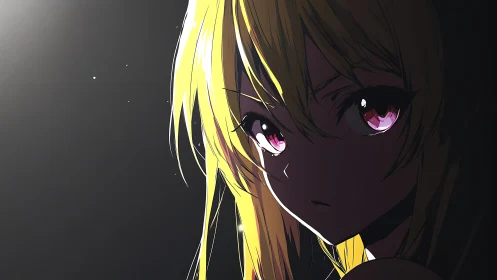 Moody anime girl gazes through stark side lighting darkness